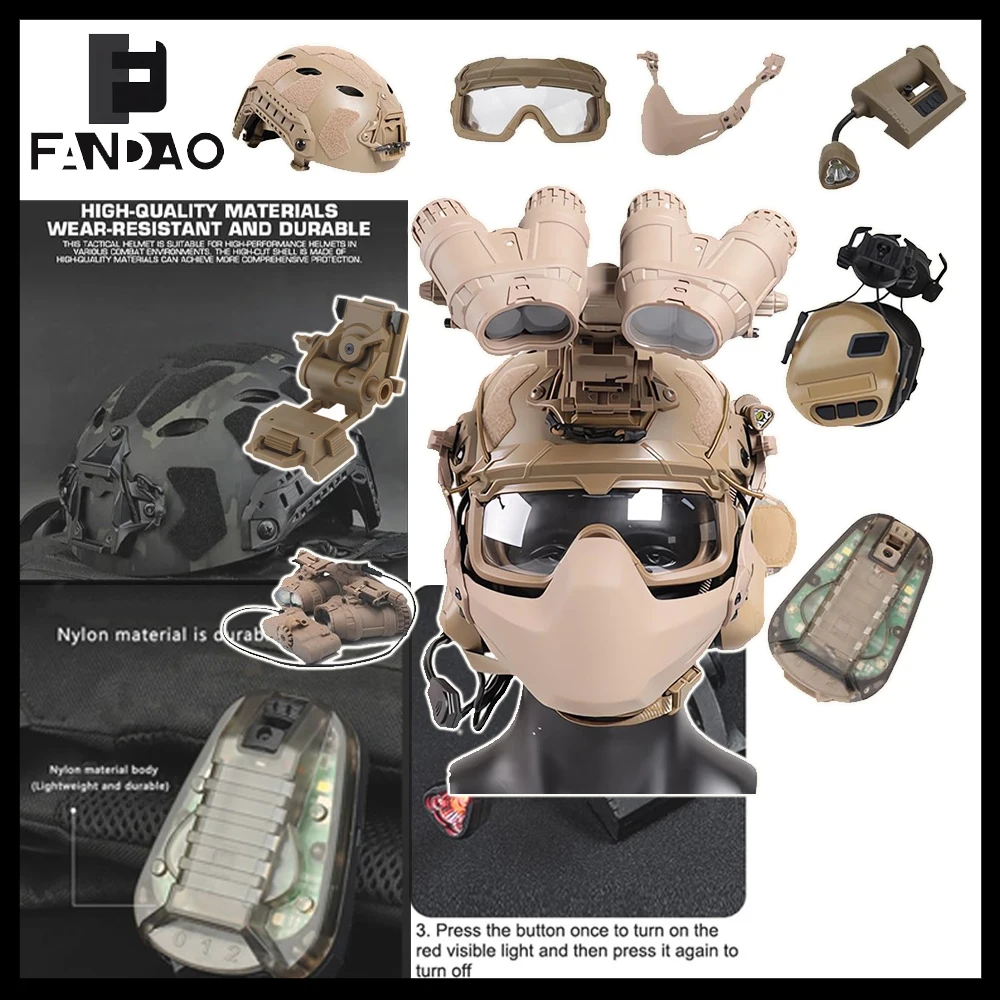 Casco táctico con auriculares, luz, NVG simulados y gafas Airsoft - imagen 3