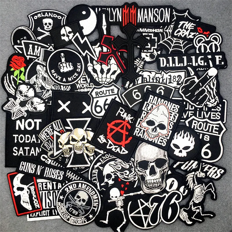 Parches Punk bordados para planchar – apliques blanco y negro