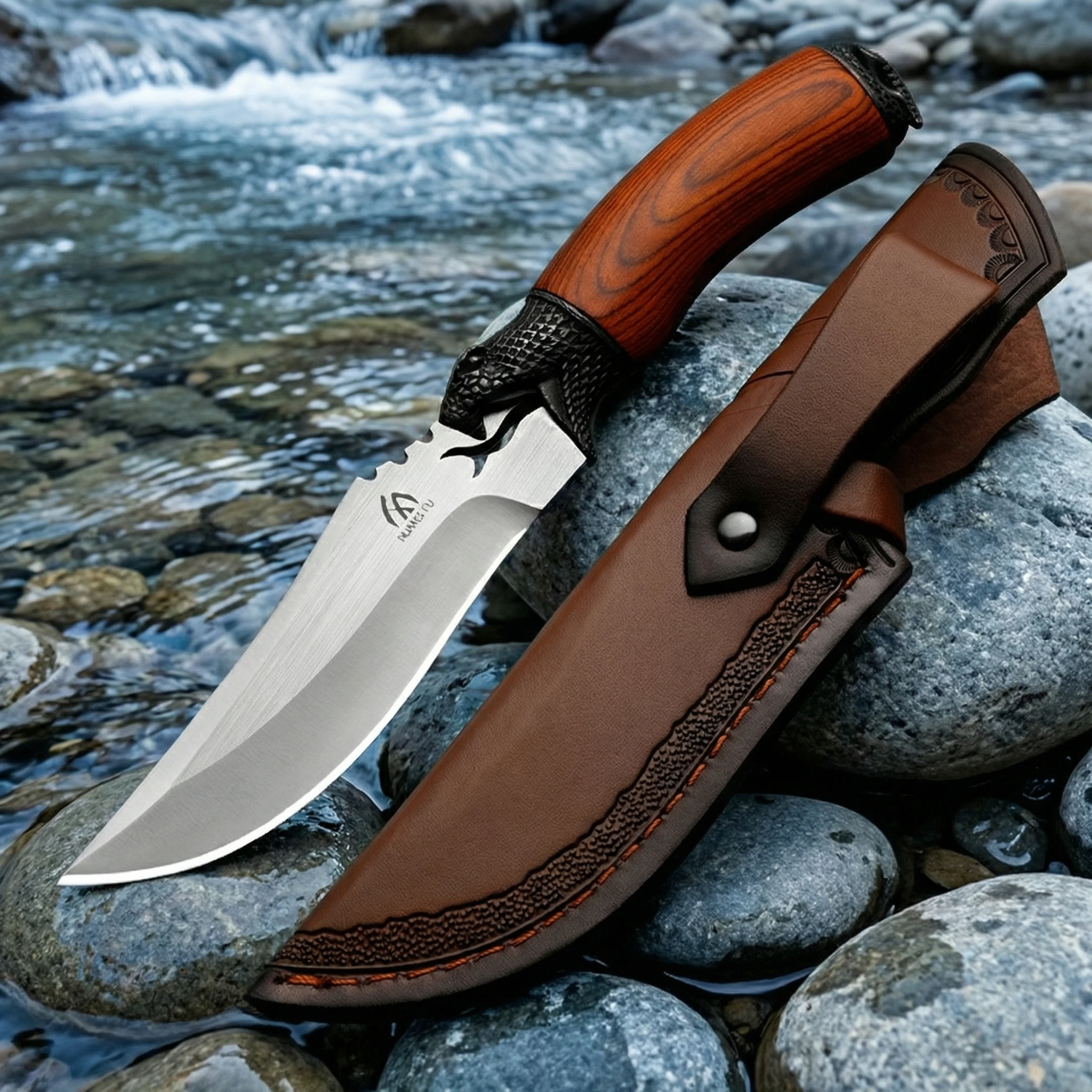 Cuchillo fijo mango madera con funda táctica camping - imagen 2