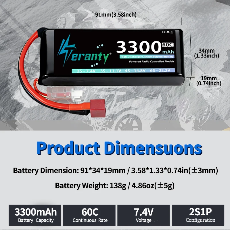 TERANTY Baterías LiPo 2S 3300mAh 60-80C con XT60 para RC - imagen 3