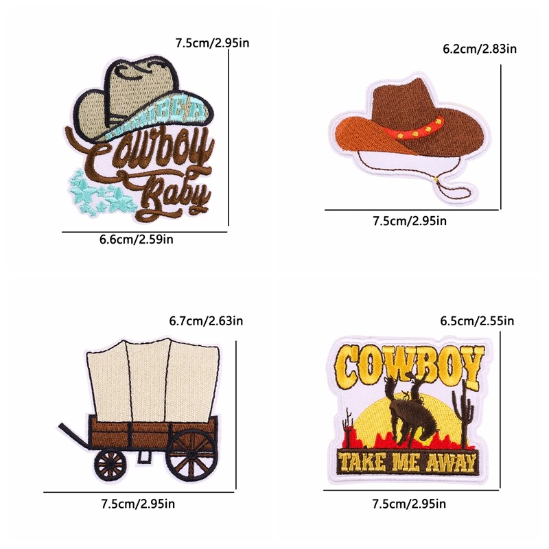 Parches bordados con diseño de sombrero de vaquero y hebilla western