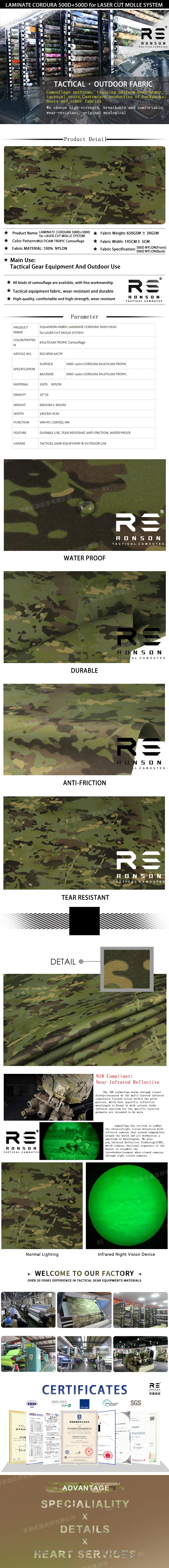 Tejido camuflaje 500D con sistema de corte para chaleco táctico