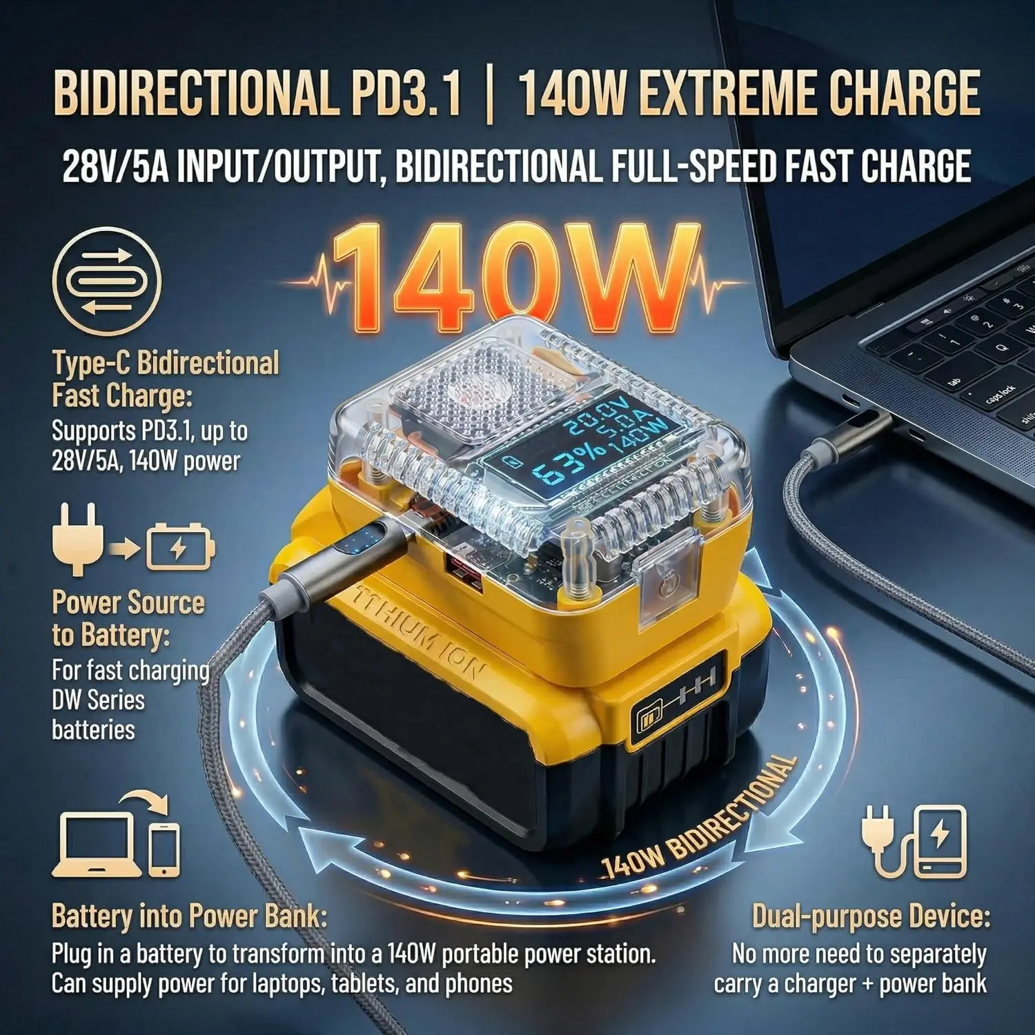 Adaptador batería Milwaukee/Makita/DeWalt/Bosch USB-C y USB-A con LED - imagen 5