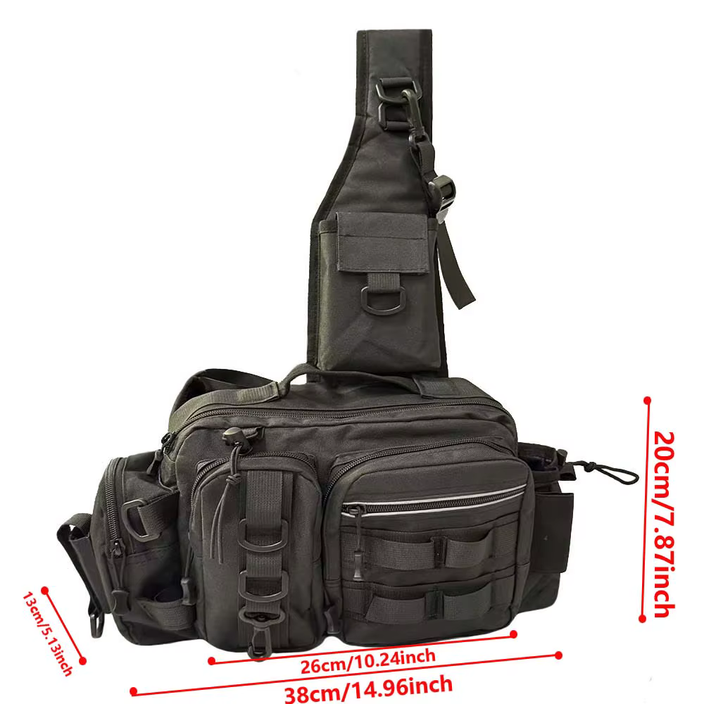 Vista frontal de la bolsa multifuncional para señuelos de pesca TAK YIYING