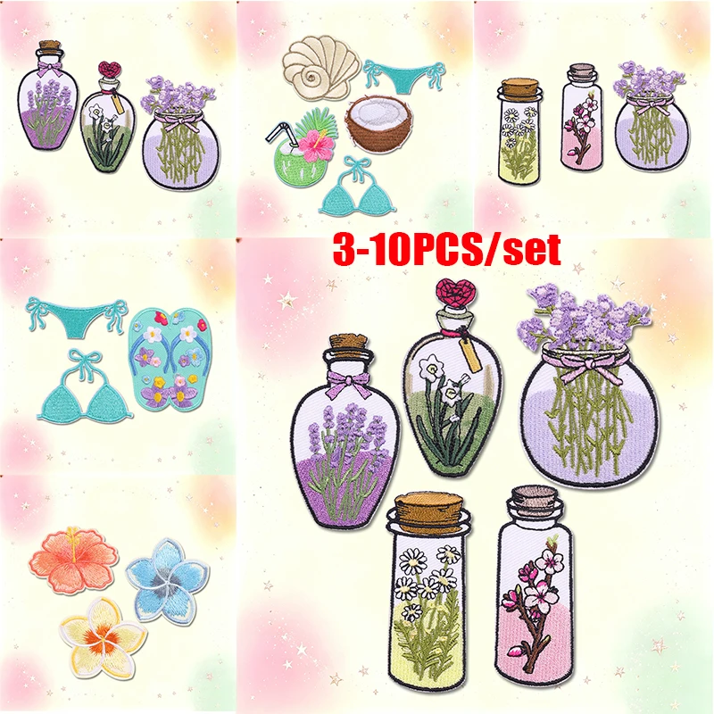 Parches termoadhesivos bordados estilo verano con motivos de botella de lavanda y dibujos