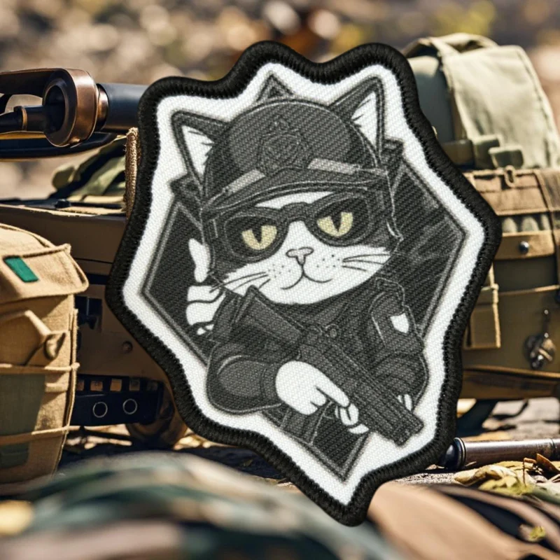 Parche táctico de gato con diseño militar en tonos oscuros