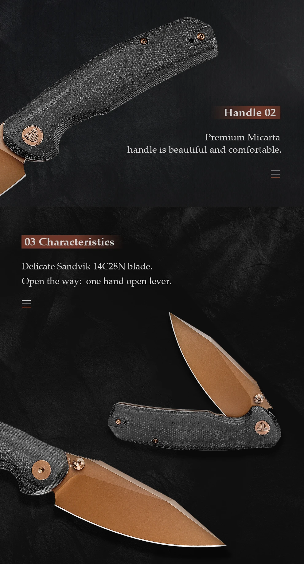 Agarre del mango de Micarta y ergonomía