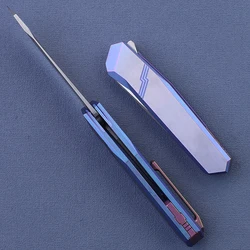 TBEKETEN Cuchillo táctico M390 damasco con mango titanio azul
