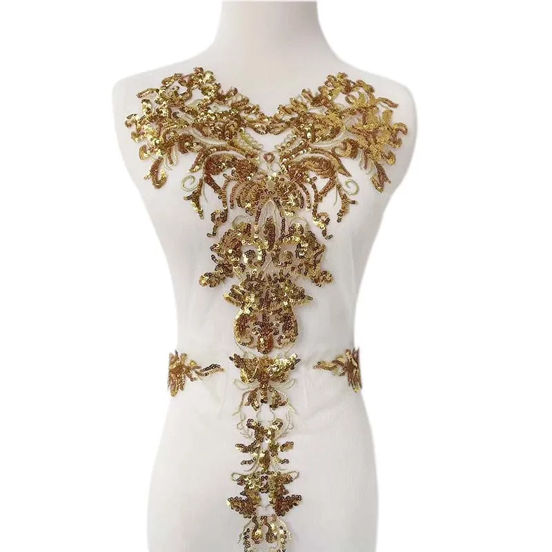 Parche bordado encaje dorado con lentejuelas y flores para coser - imagen 2