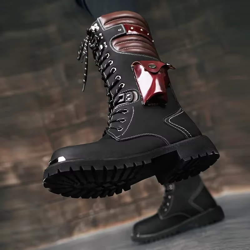 Botas militaires invierno cuero negro cordones – Hombre estilo motorista - imagen 5