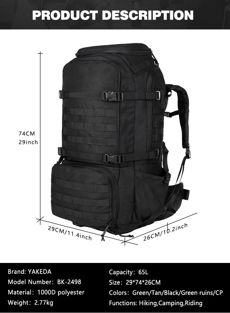 Vista frontal de la mochila táctica YAKEDA 65L
