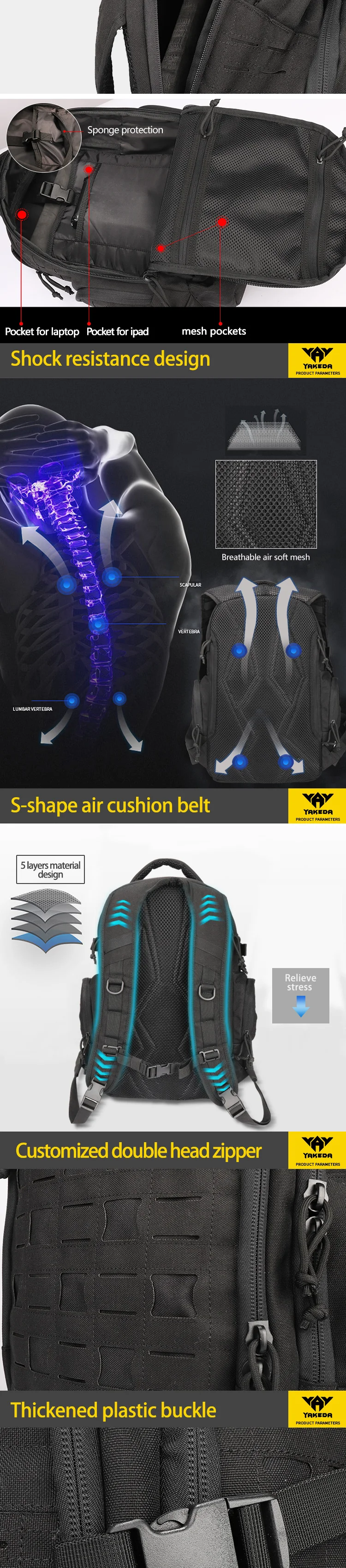 Interior organizado de la mochila táctica YAKEDA