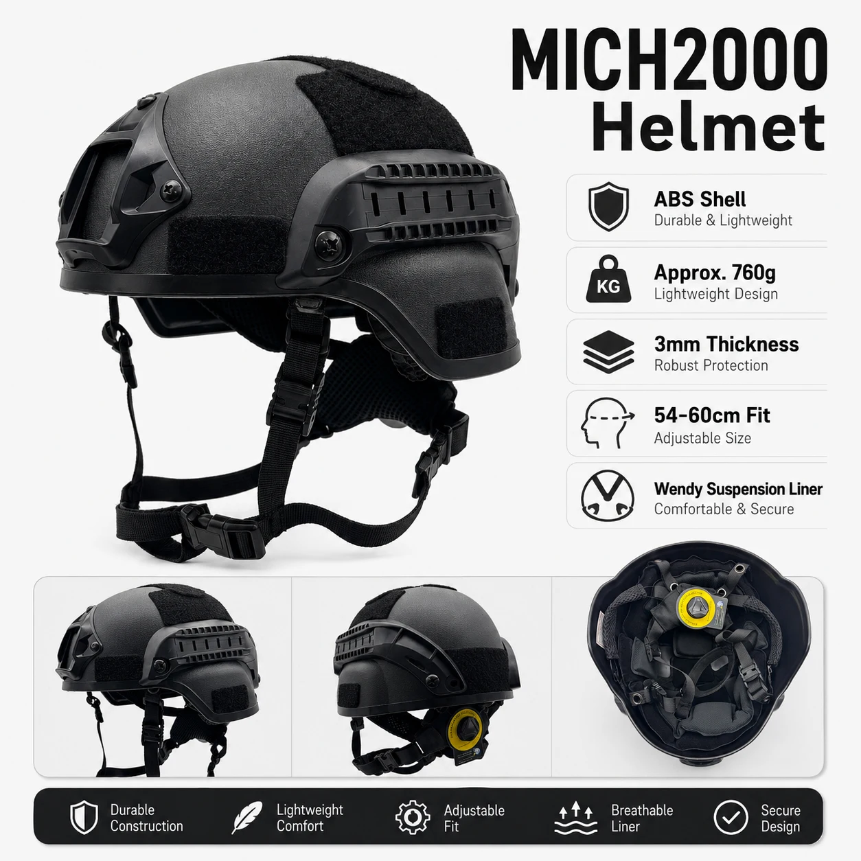Casco MICH2000 negro con carcasa de ABS