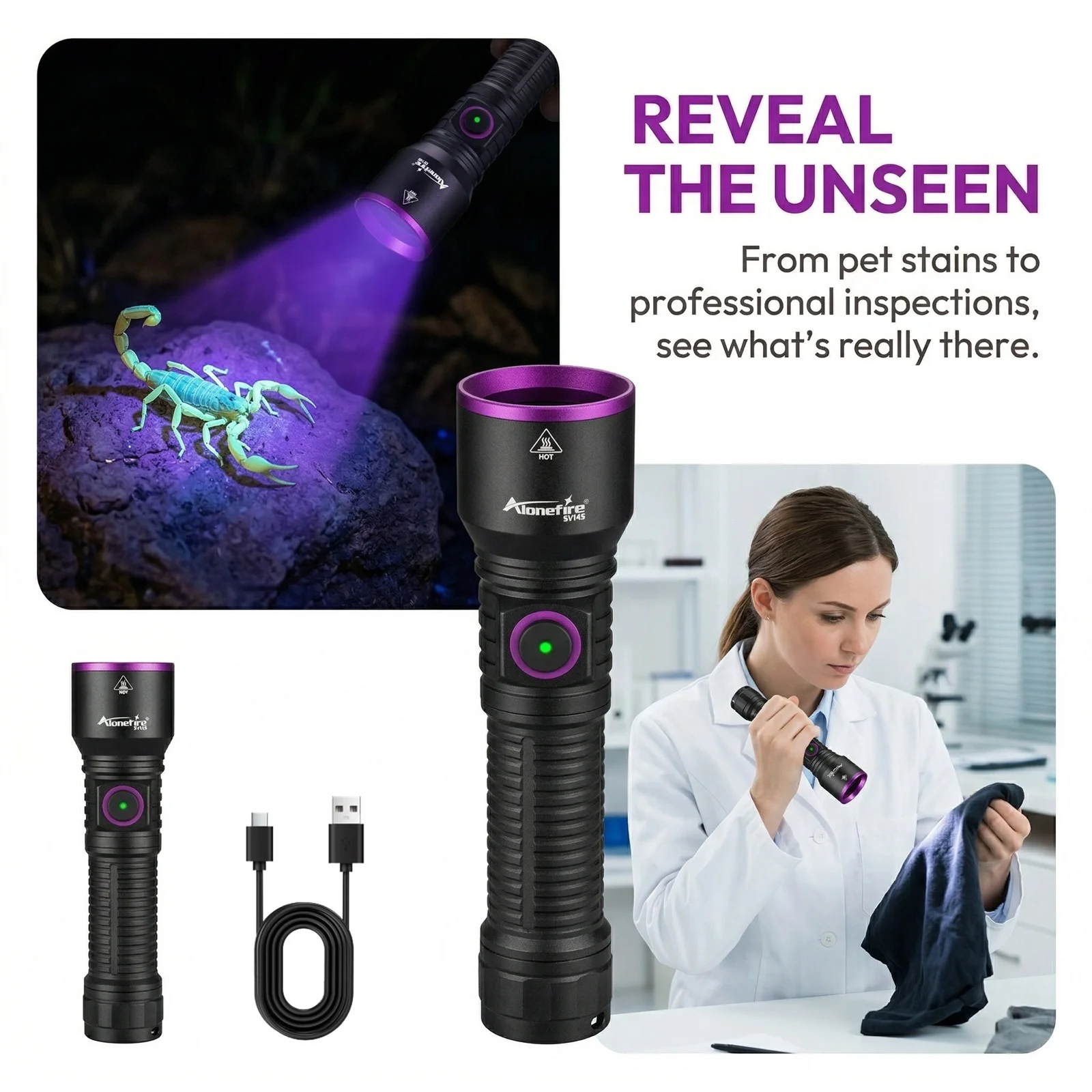 Alonefire Linterna UV luz negra recargable USB para manchas y hongos - imagen 5