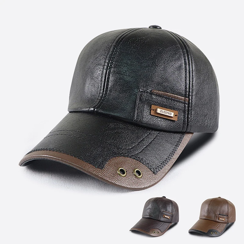 Gorra trucker ajustable retro cuero PU marrón y negro para hombre - imagen 2