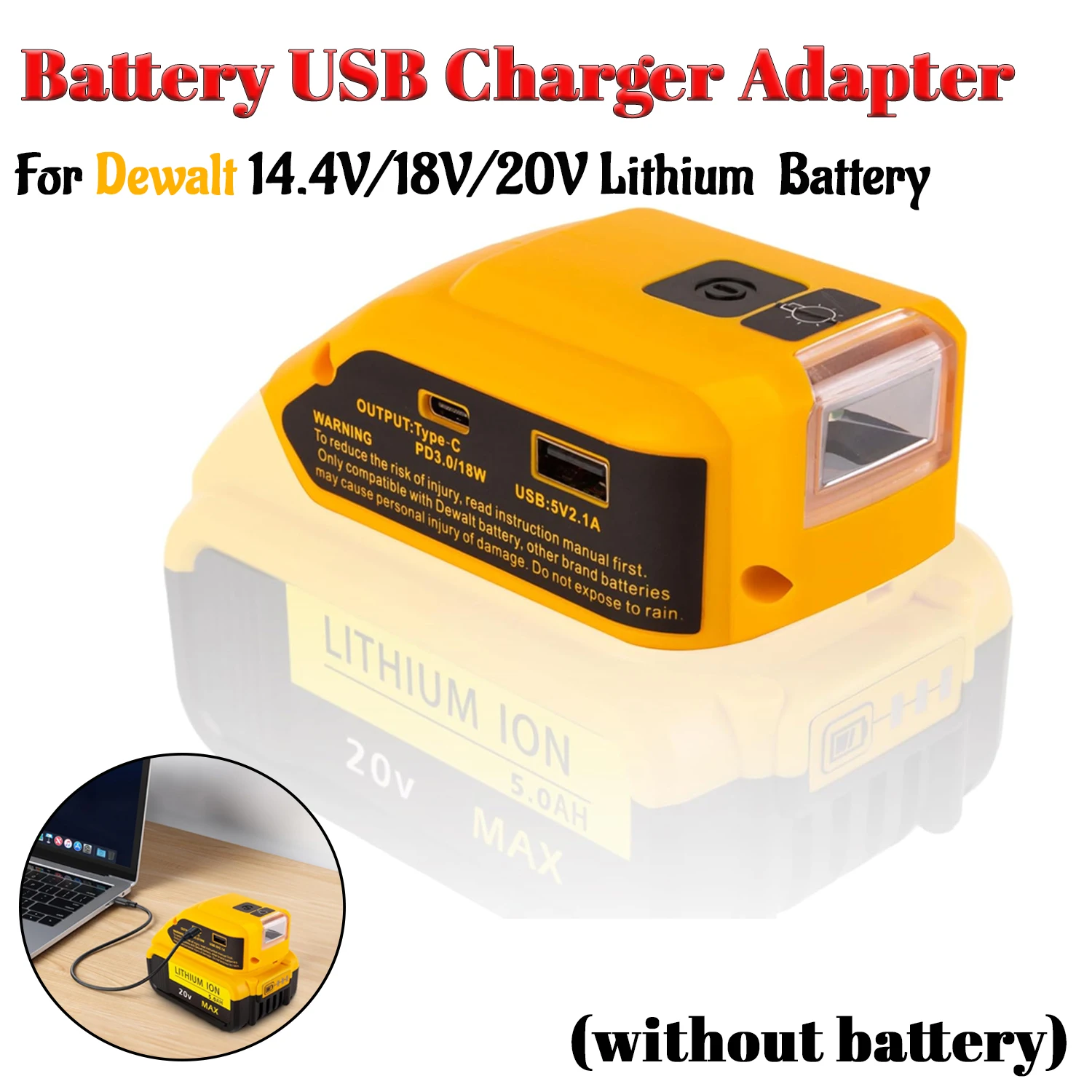 Dewalt cargador USB-C dual con adaptador CC y luz LED portátil - imagen 4