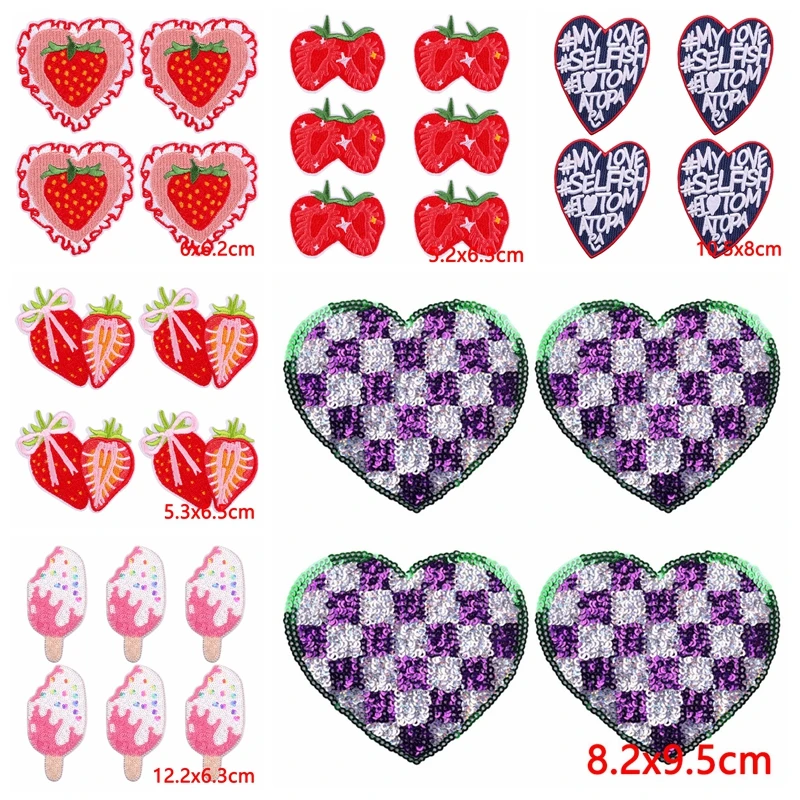 Parches bordados con diseños de corazón y comida
