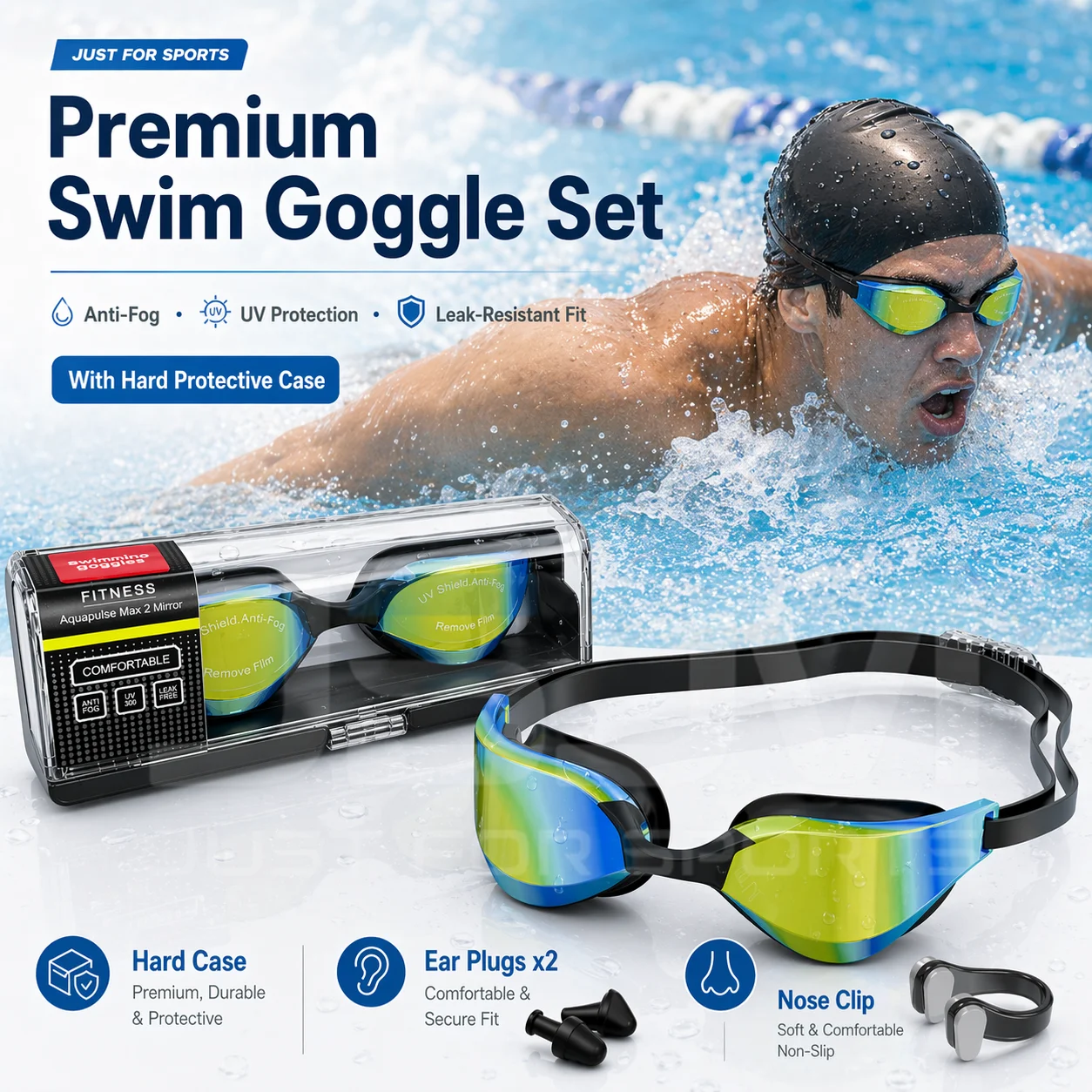 JSJM Gafas de natación antivaho con protección UV y estuche rígido - imagen 4