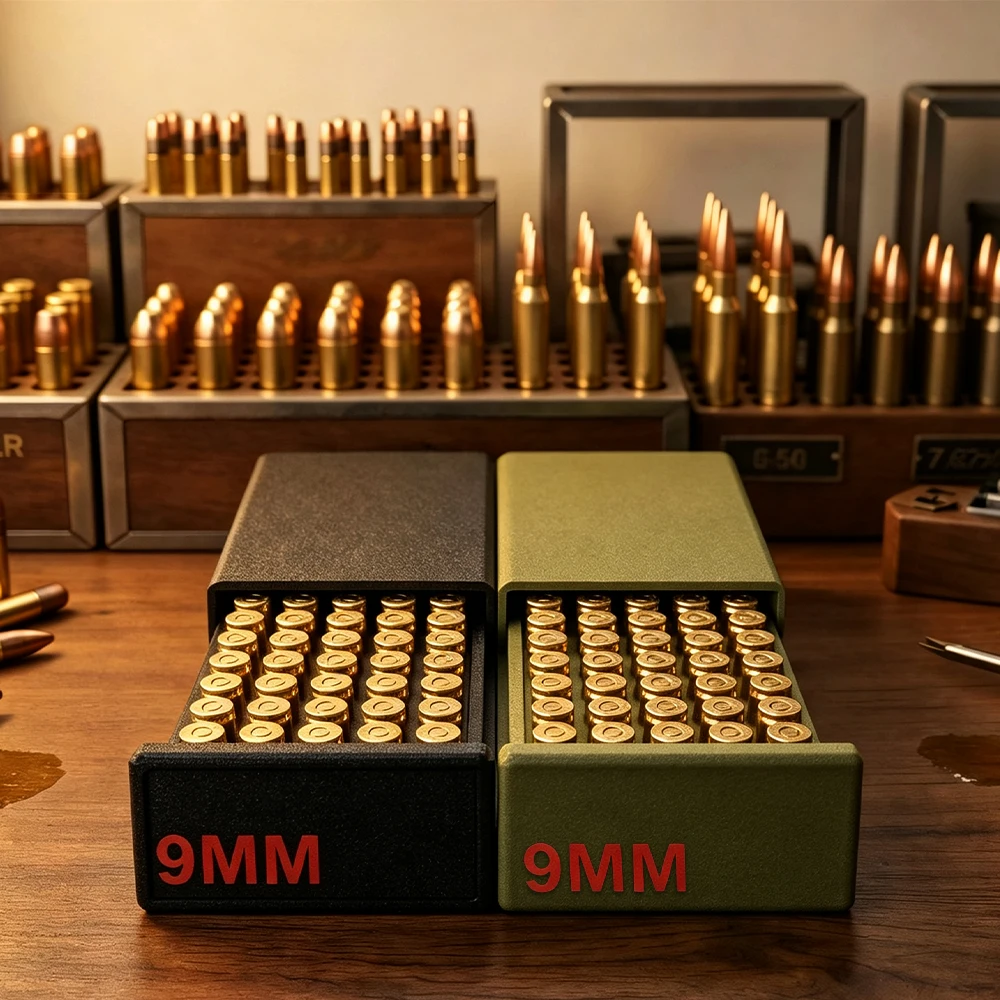 Caja táctica para munición 9mm abierta mostrando el cajón deslizante