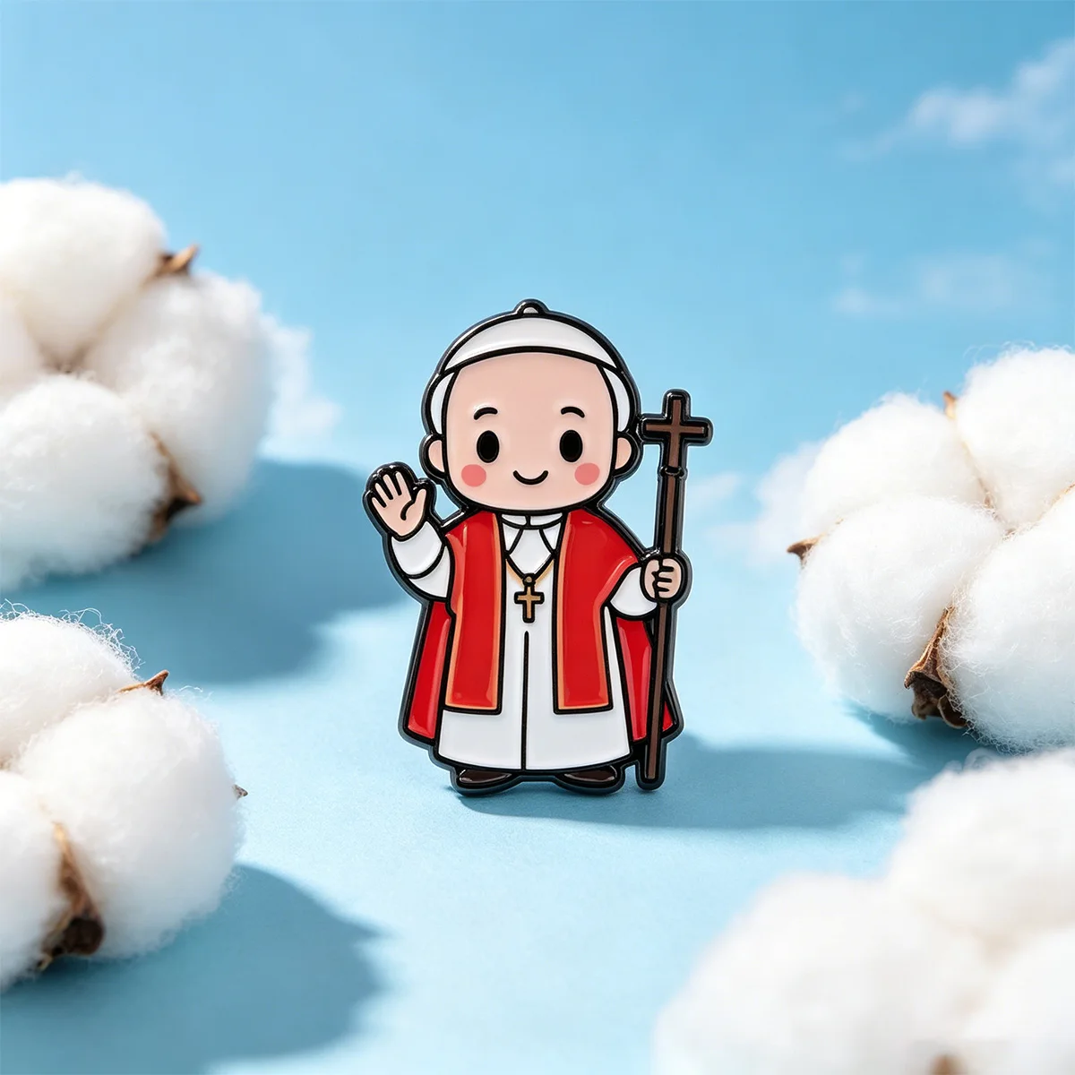 Pin de esmalte con forma de papa en detalle sobre fondo claro mostrando la textura del esmalte y los bordes metálicos