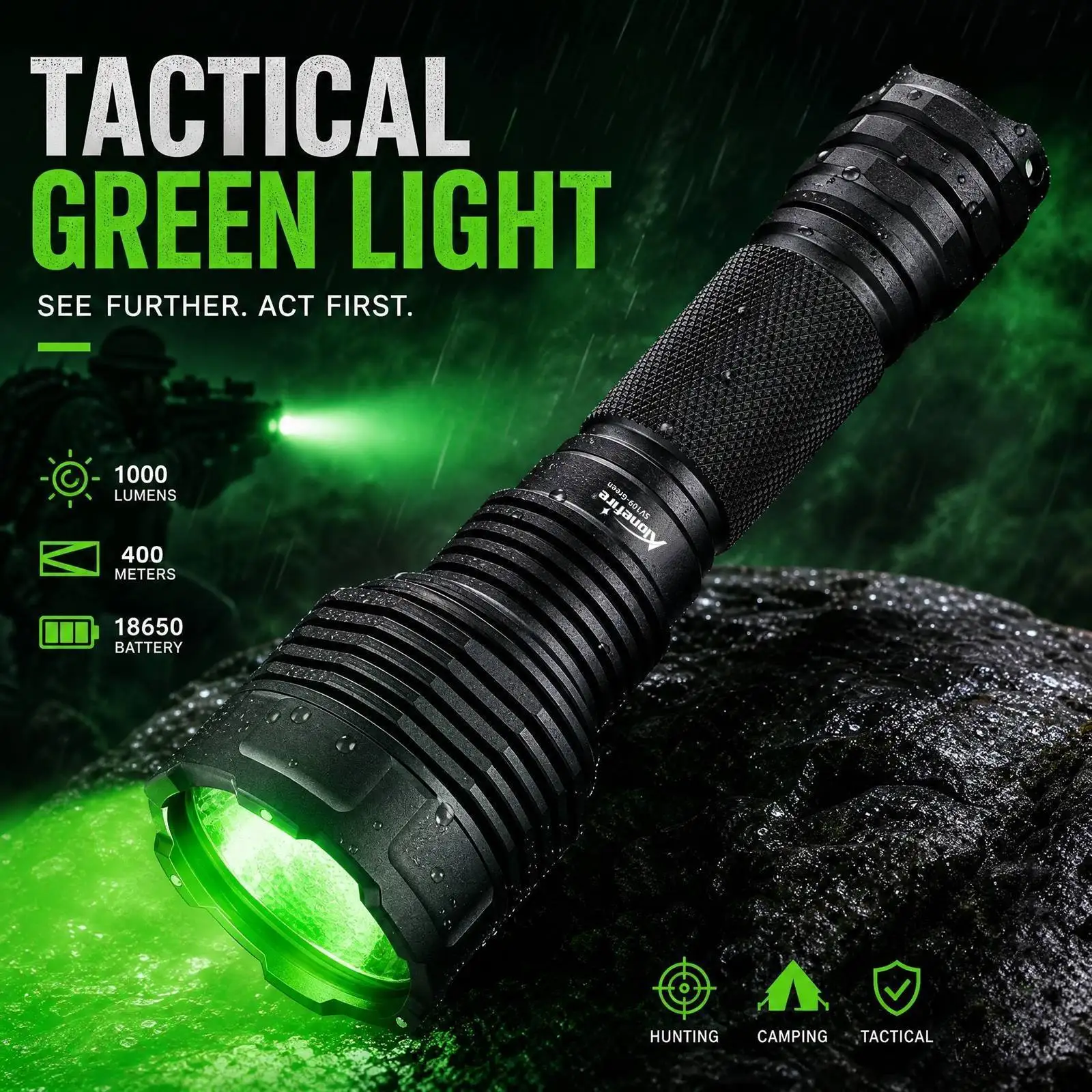 Linterna táctica Alonefire LED verde recargable de aluminio - imagen 3