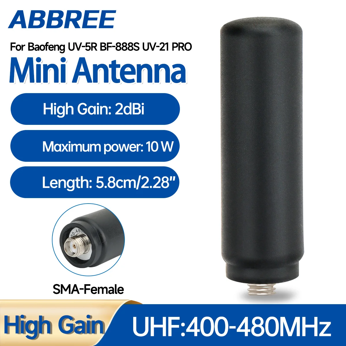 Vista de la antena ABBREE Mini SMA hembra UHF