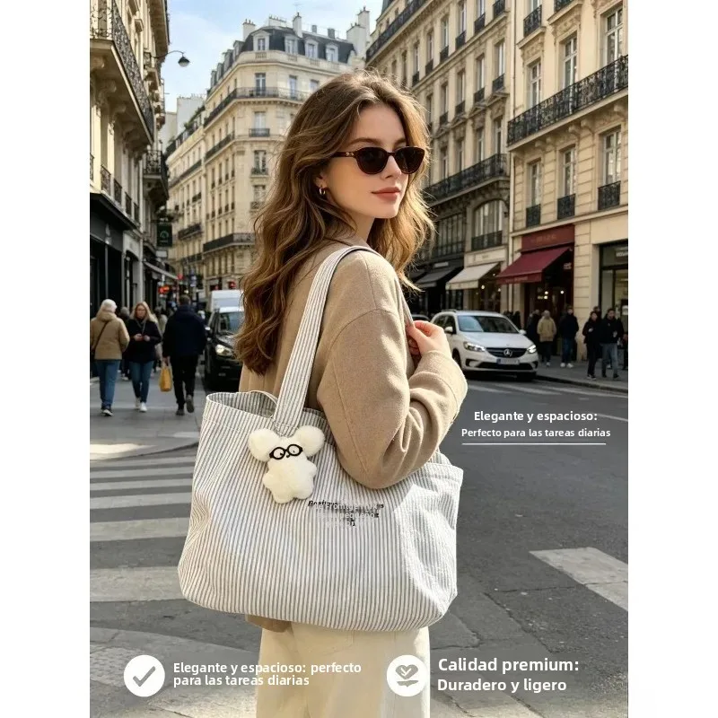 Bolso de lona a rayas gran capacidad estilo casual para el día - imagen 2