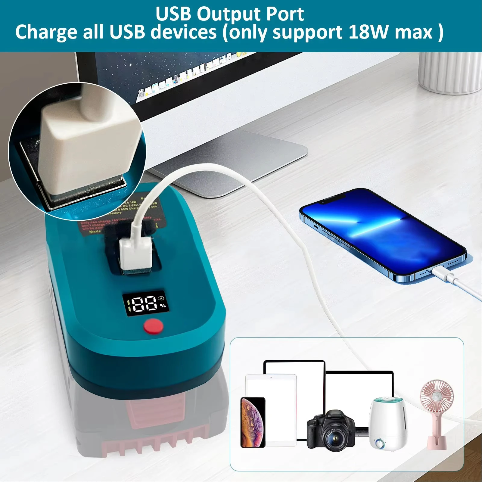 Adaptador USB-C batería Makita Bosch Milwaukee DeWalt carga rápida - imagen 5