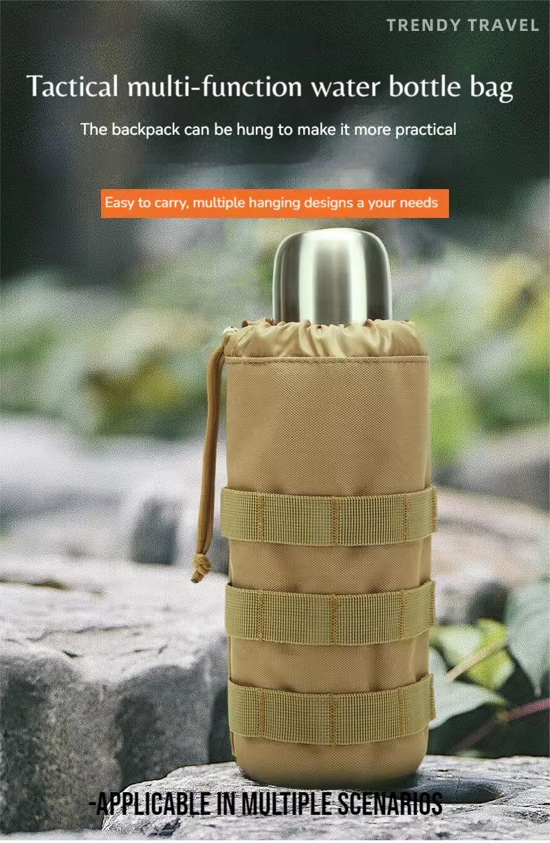 Vista frontal de la bolsa táctica JSJM para botella de agua con sistema MOLLE