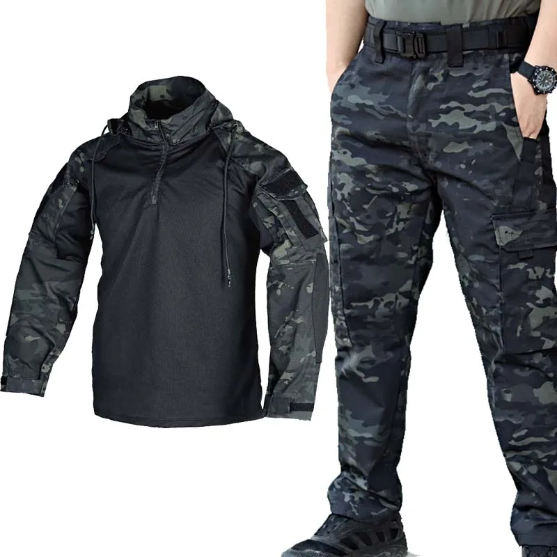 Camisa táctica con capucha camuflaje y pantalón cargo resistente - imagen 2