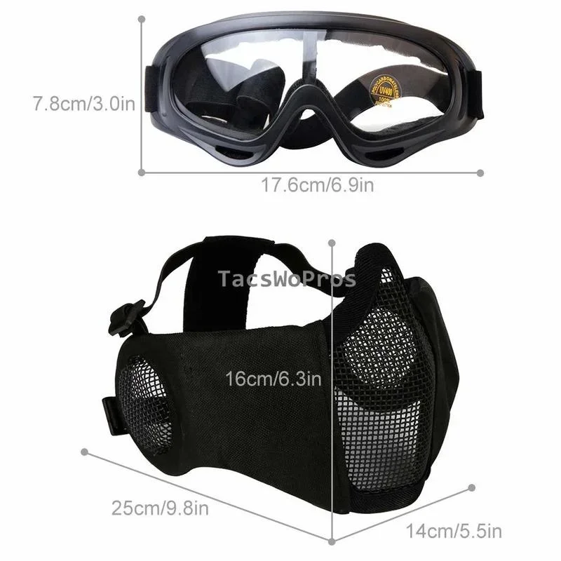 Máscara de airsoft media cara con gafas, malla acero y oídos tácticos - imagen 4