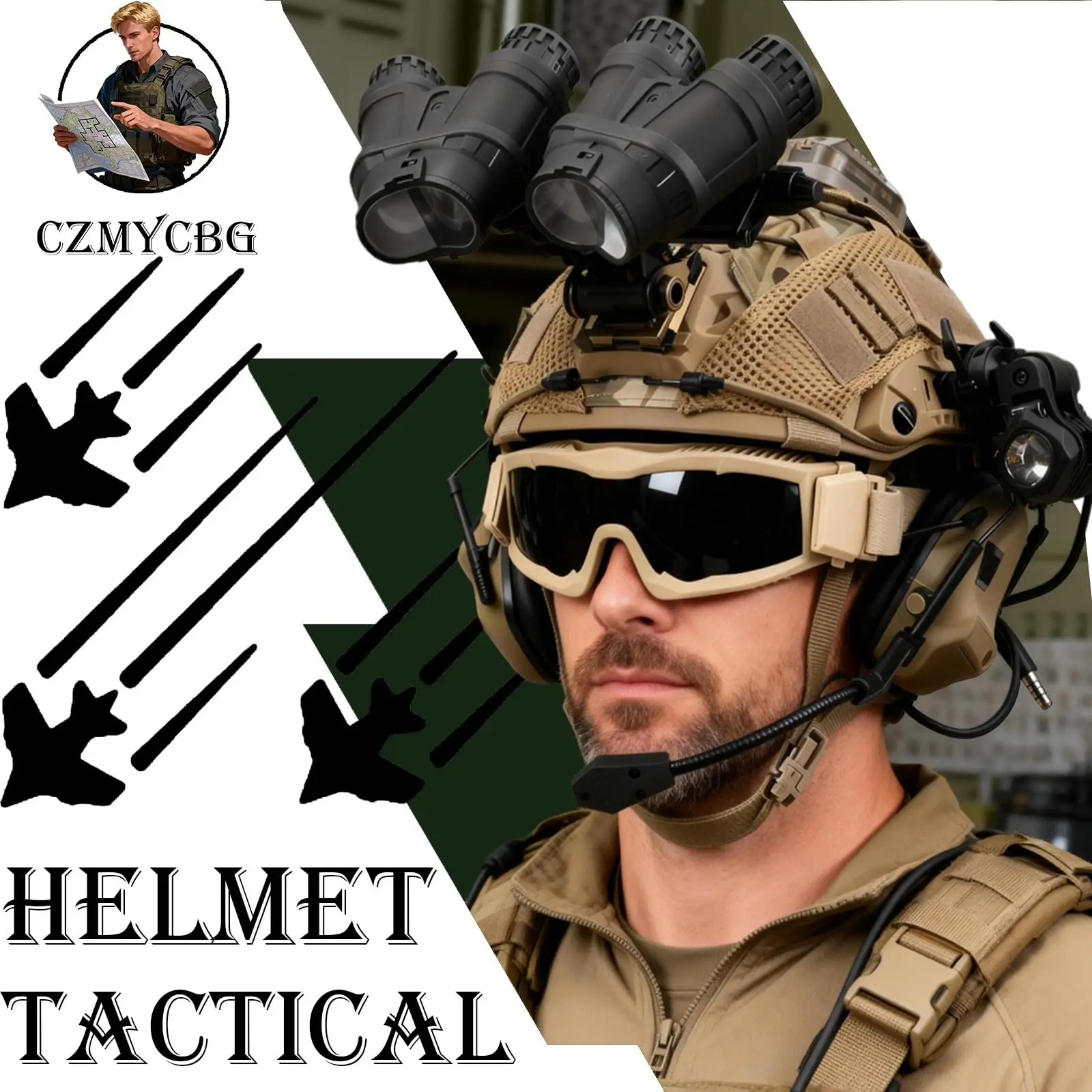 Casco táctico airsoft con luz, linterna y gafas protección - imagen 5