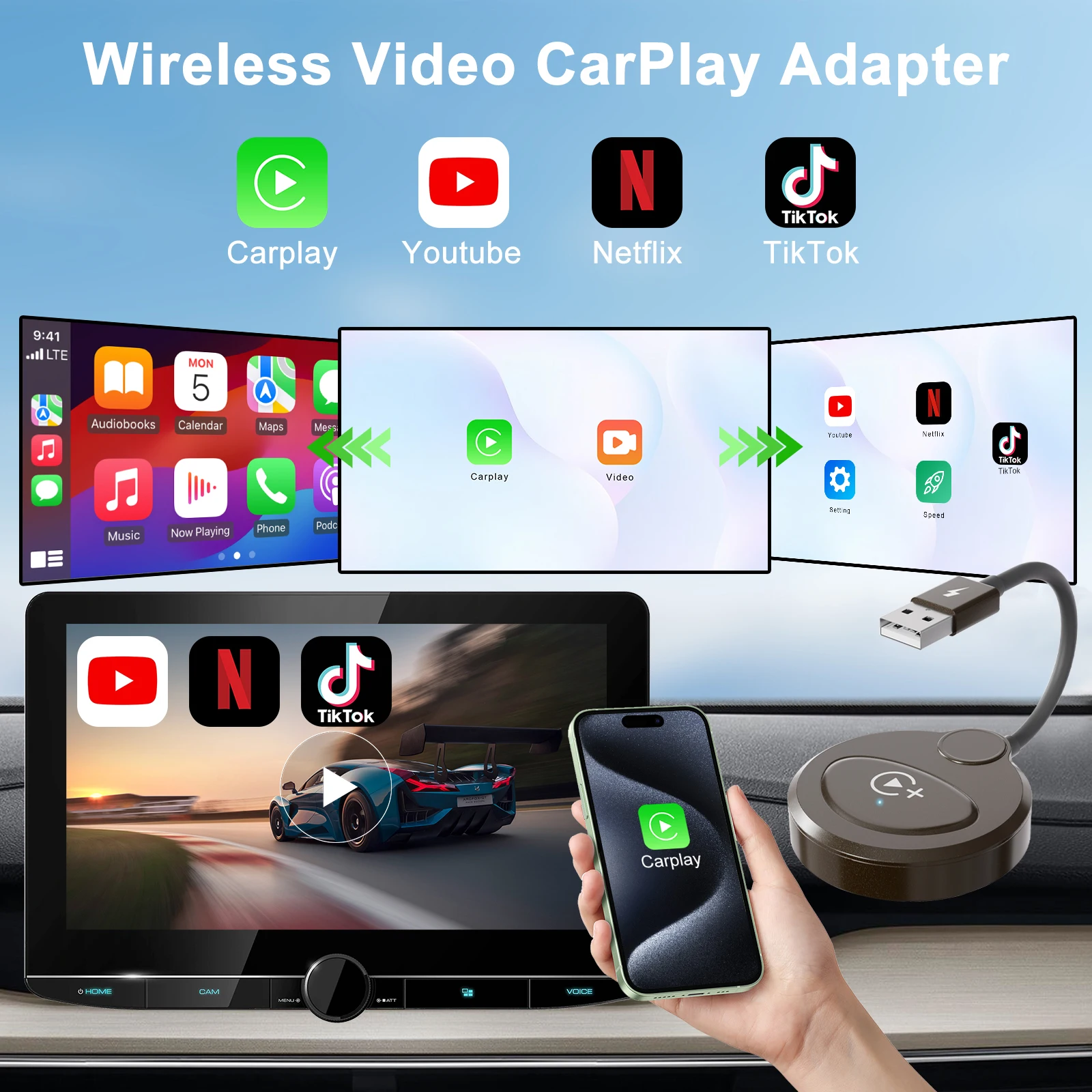 Adaptador Carplay con apps de entretenimiento