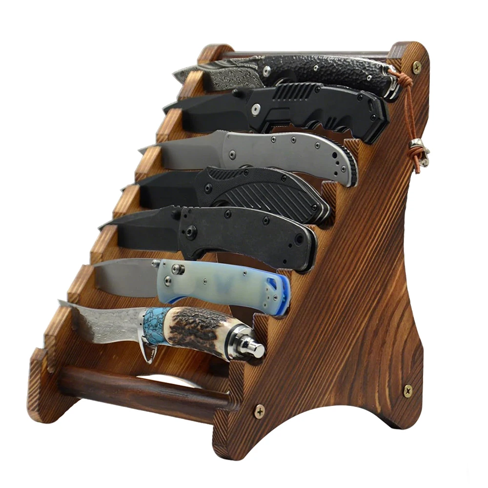 Soporte de cuchillos tácticos en madera con 7 ranuras