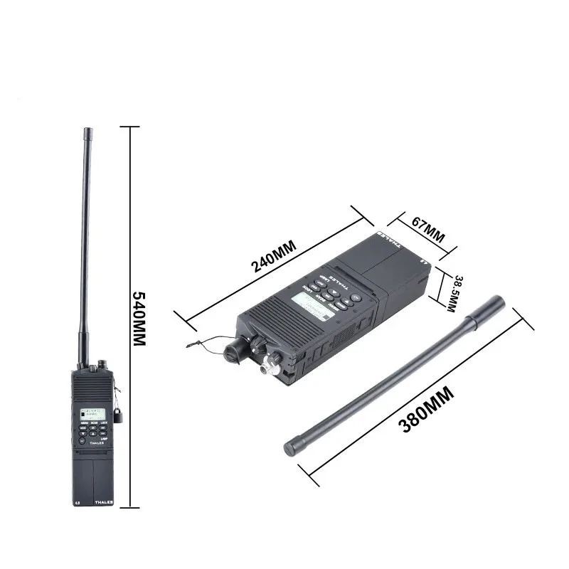 Vista frontal del dummy radio mostrando el cuerpo y la antena plegable