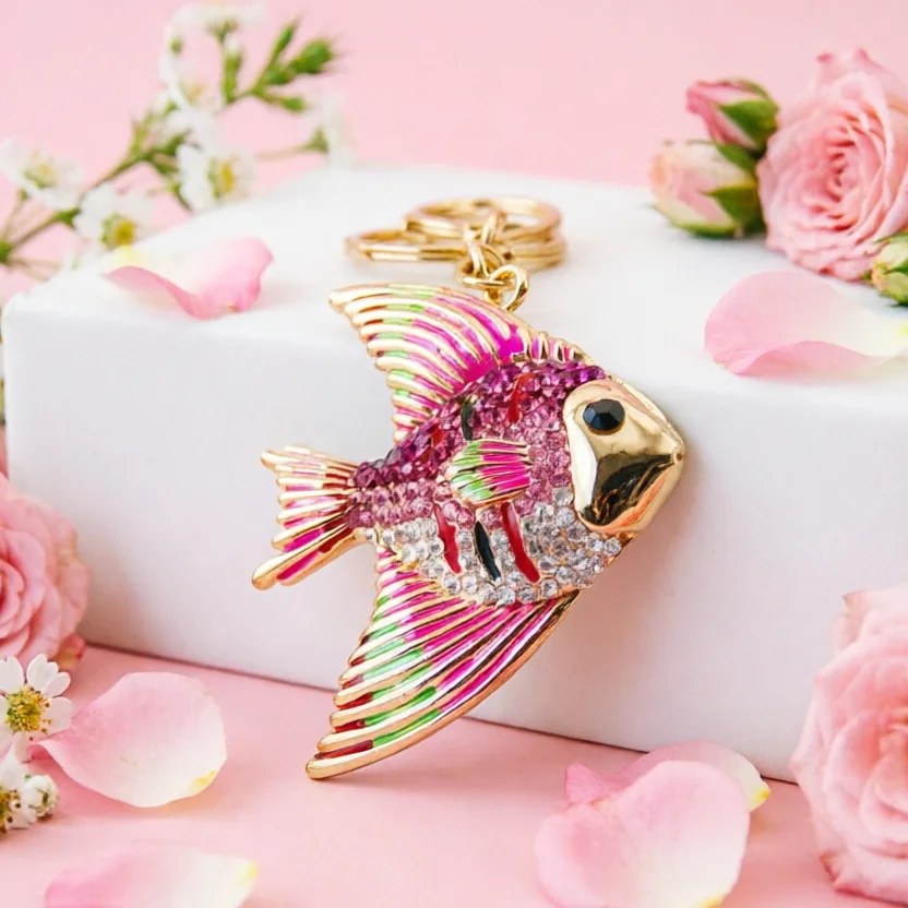 Llavero pez tropical metal dorado con cristales brillantes - imagen 2