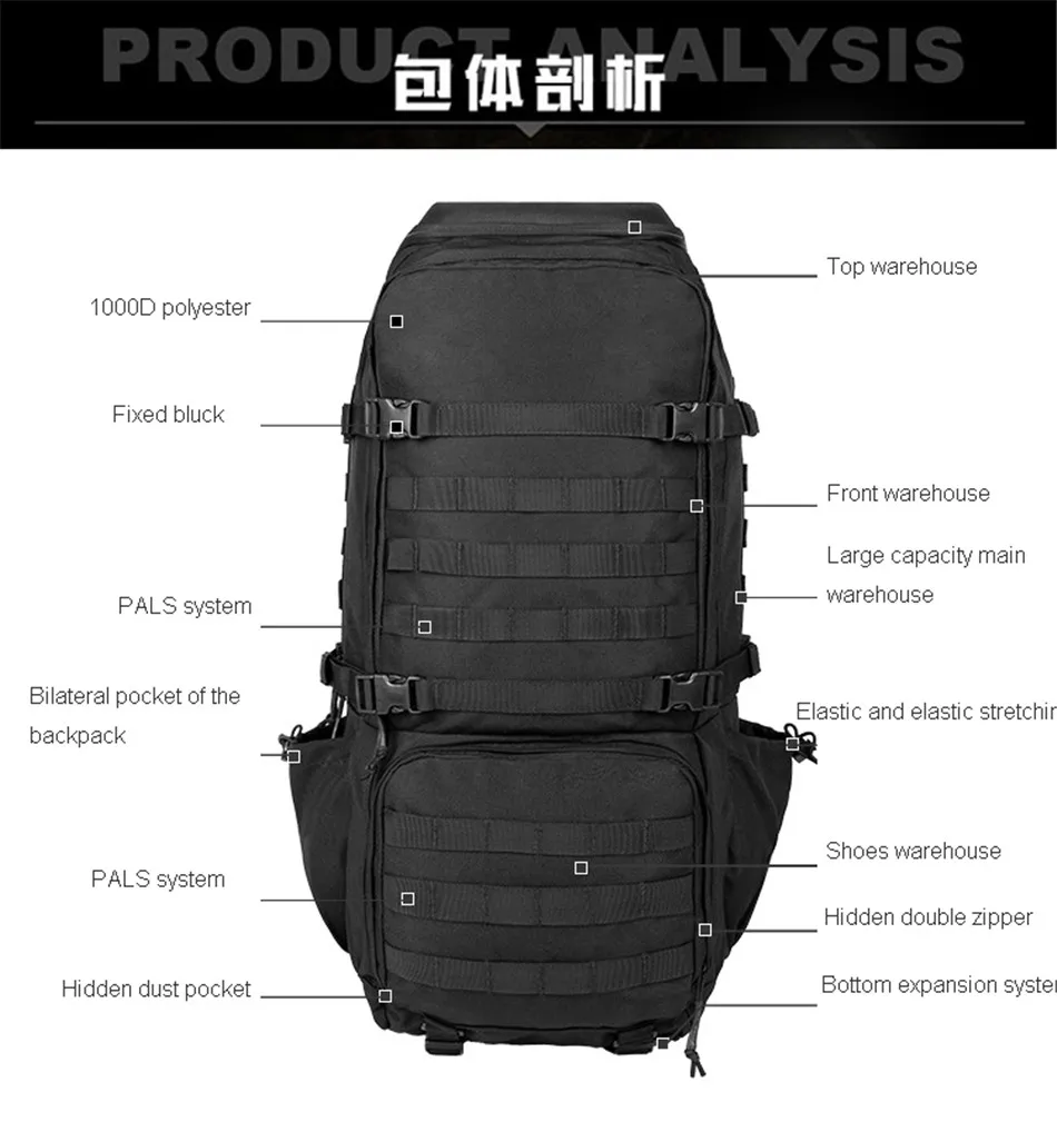 Vista de la mochila táctica YAKEDA con múltiples compartimentos