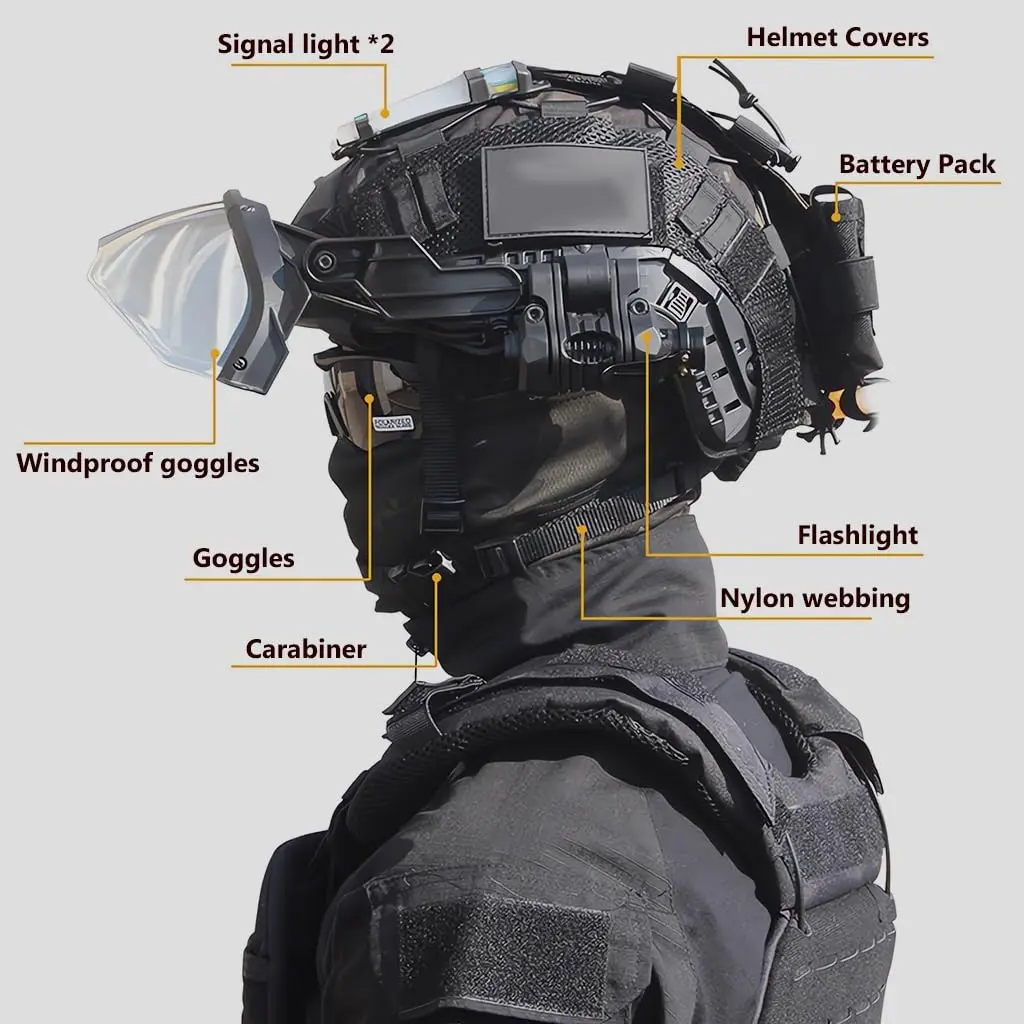 Casco táctico Airsoft con gafas antiniebla, soporte NVG y linterna
