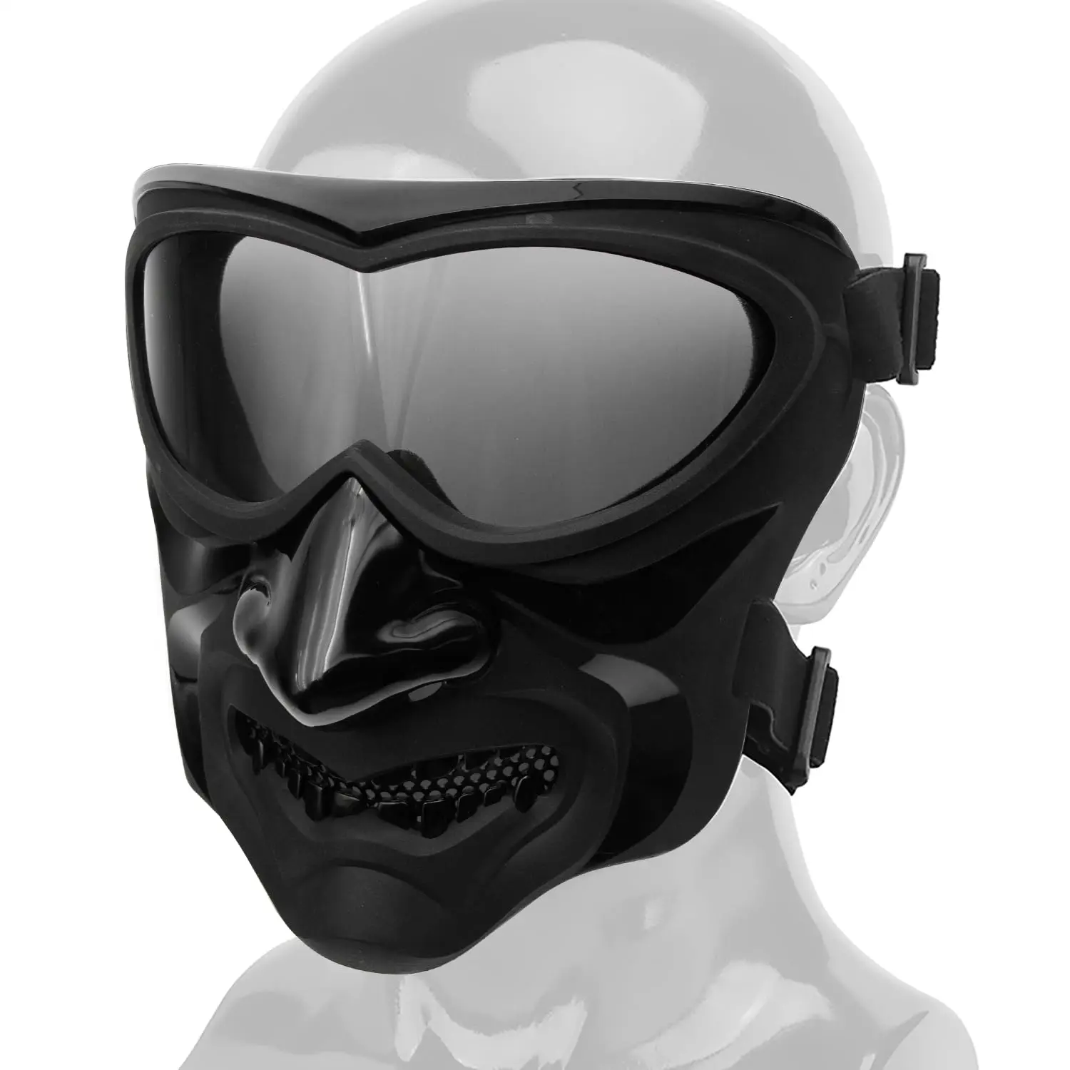 Vista frontal con lentes transparentes y diseño táctico