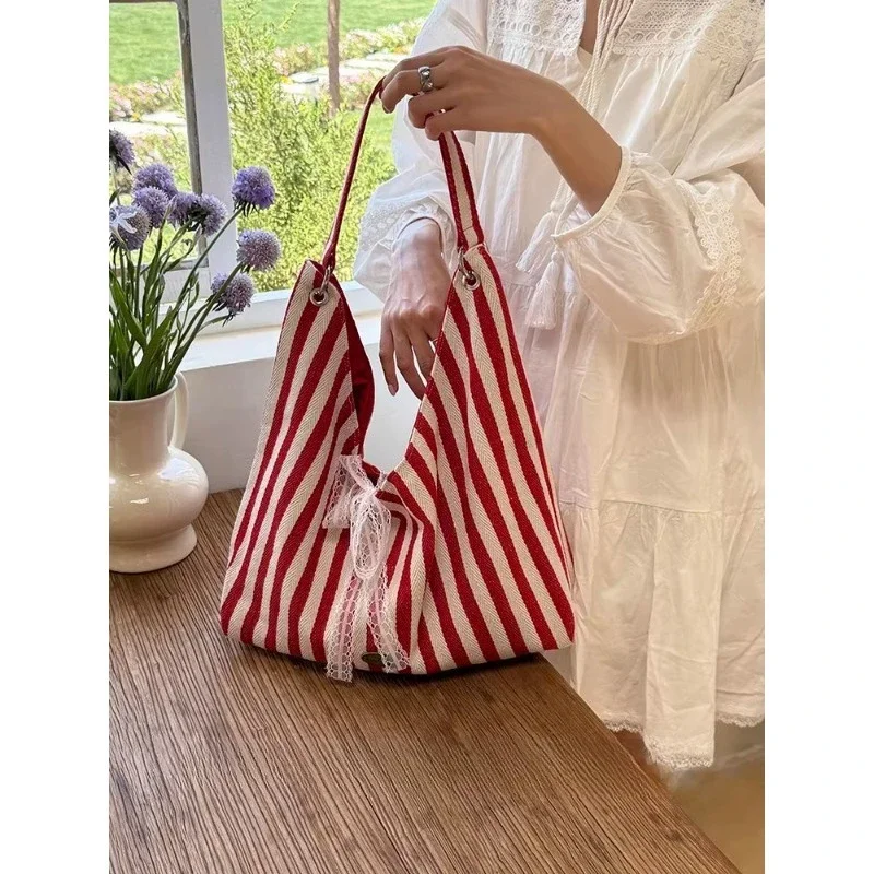 Bolso de hombro lona a rayas doble cara, gran capacidad - imagen 5