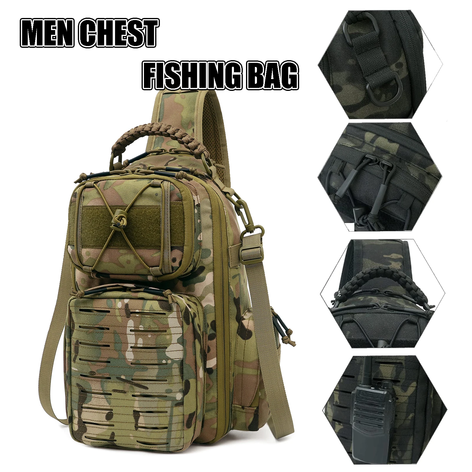 Bolsa bandolera táctica para pesca con soporte de cañas
