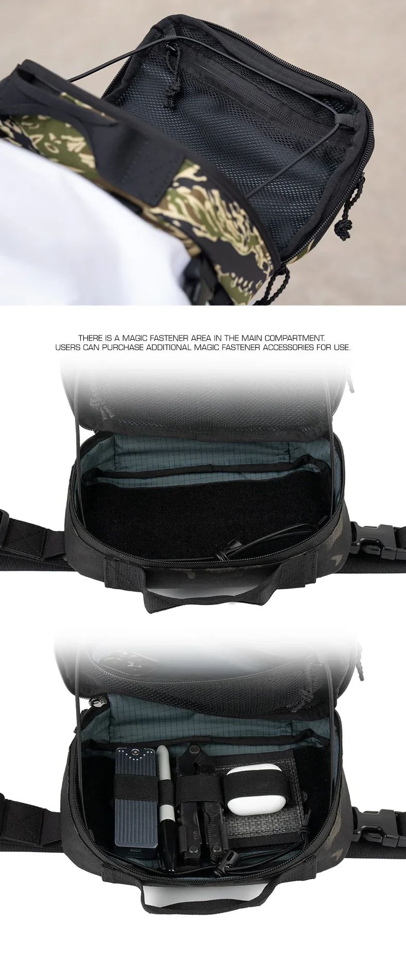 Bolso táctico EDC con todos sus compartimentos abiertos mostrando su capacidad organizativa completa