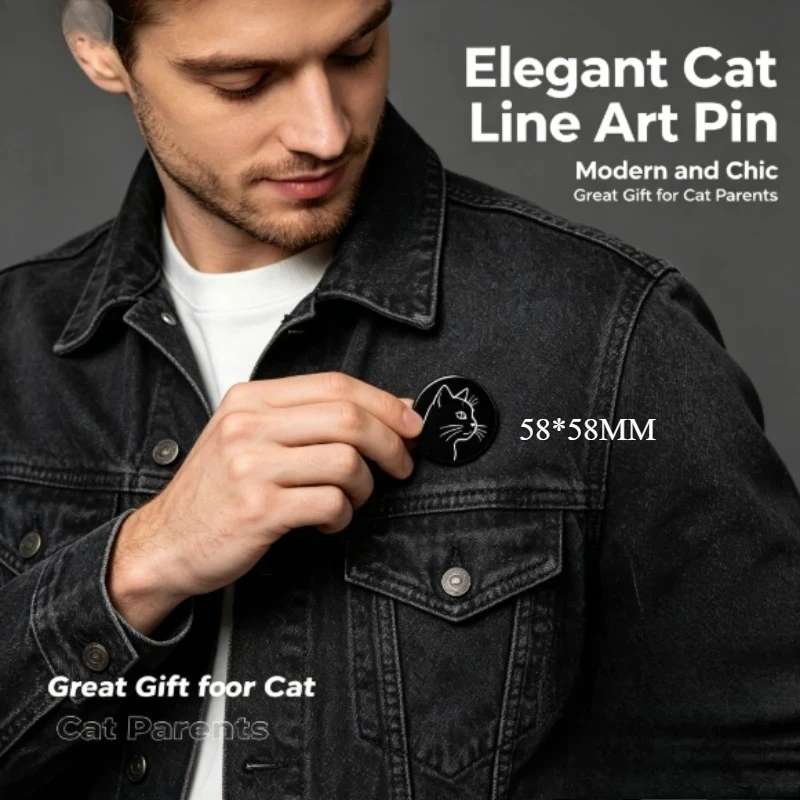 Pin de esmalte de gato negro con diseño lineal minimalista