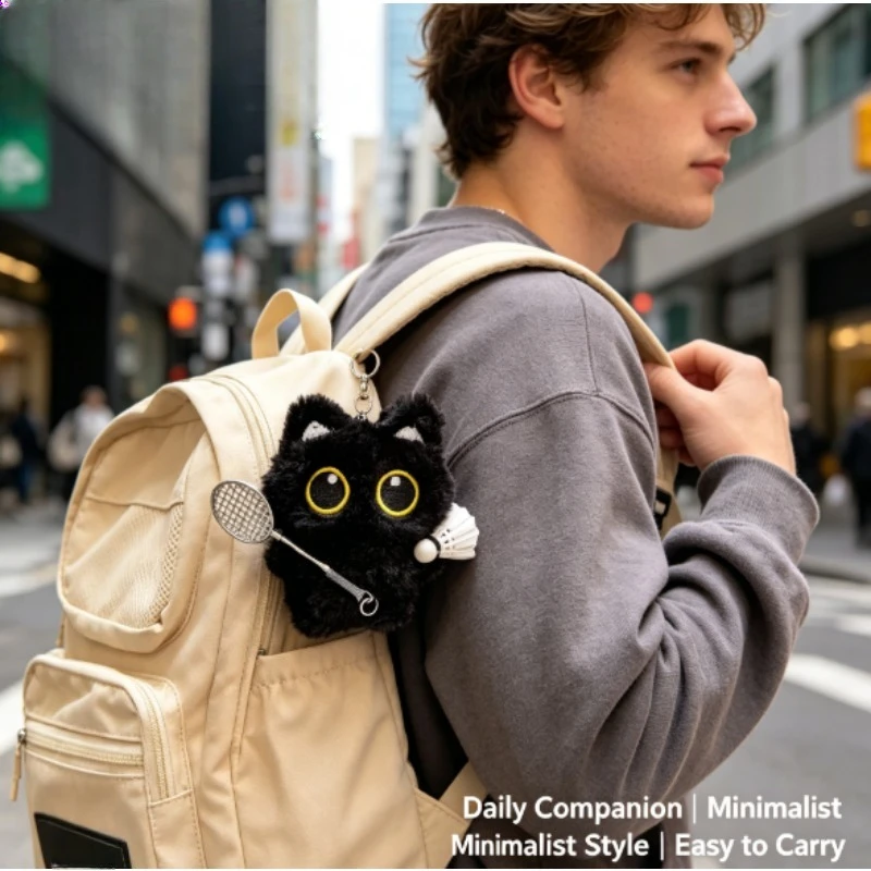 Colgante peluche gato negro bádminton – Llavero amuleto bonito para bolso - imagen 4