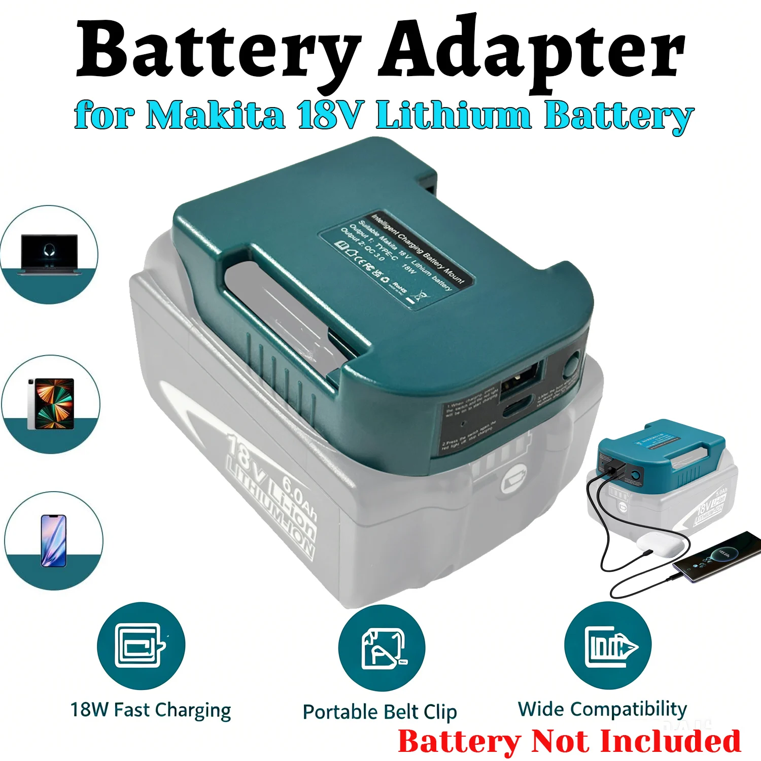 Adaptador portátil con clip para cinturón Makita, sin batería - imagen 3