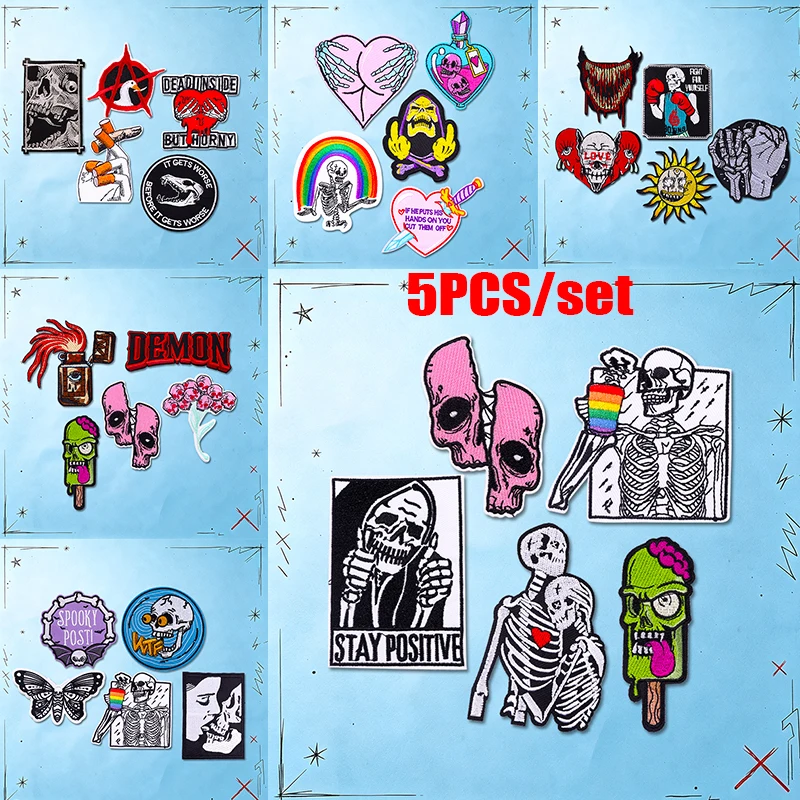 Parches termoadhesivos DIY estilo punk con bordado de calavera