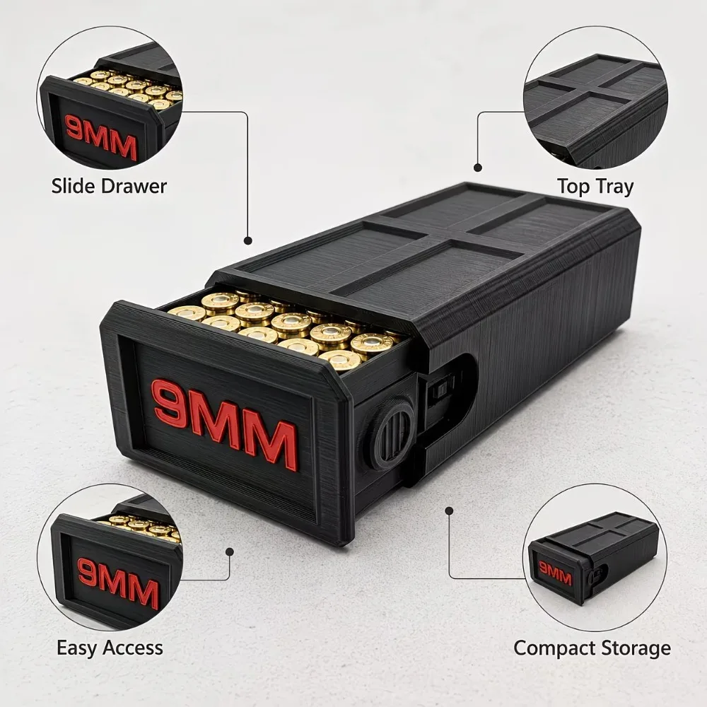 Caja organizadora táctica para 9 mm en escritorio