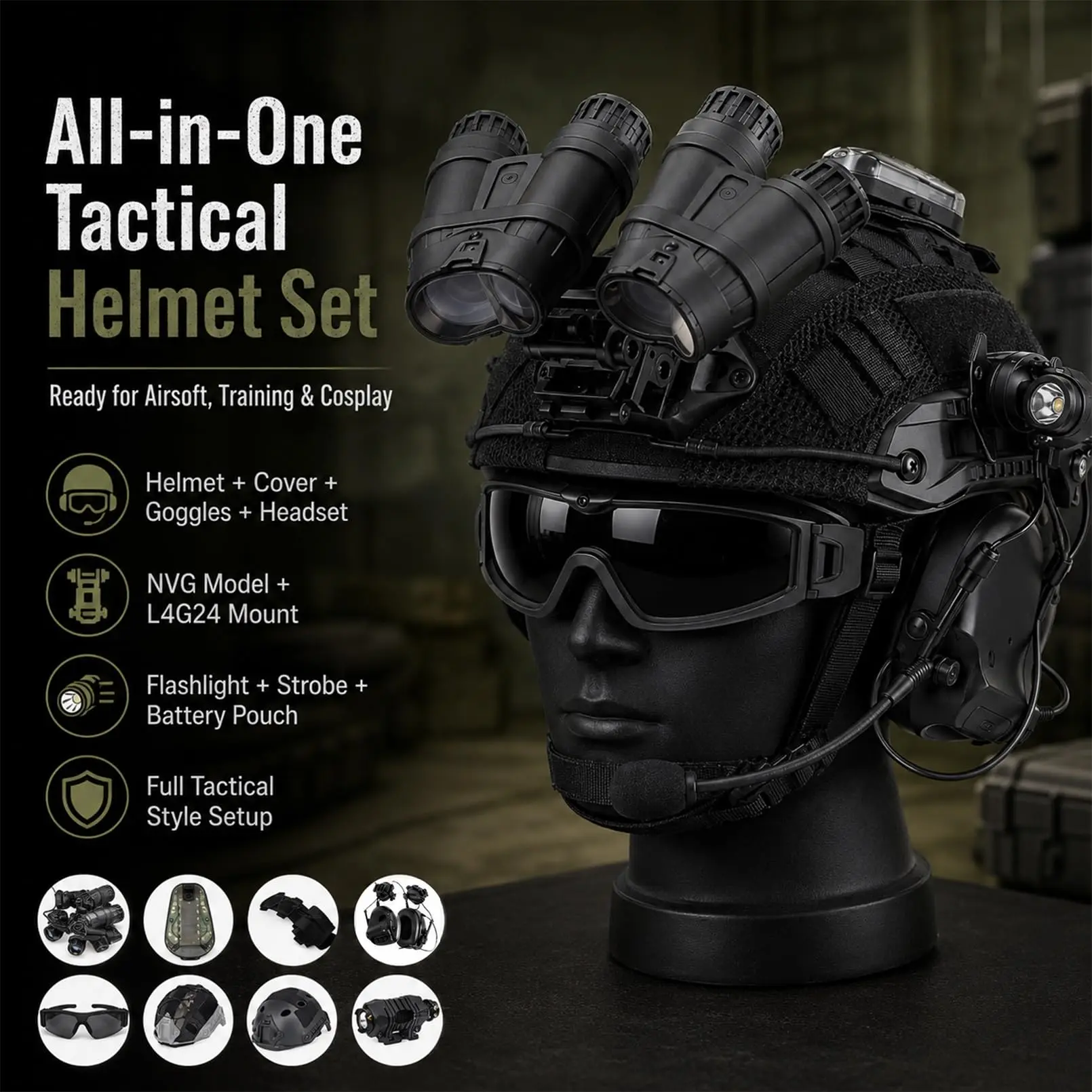 Casco táctico airsoft NVG con soporte L4G24, linterna y auriculares - imagen 4