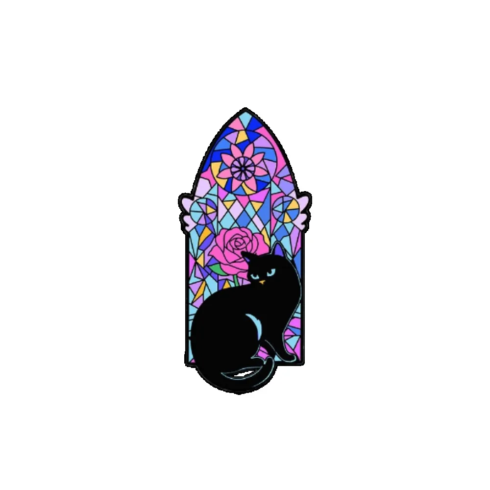 Insignia esmaltada gato negro gótico – Diseño de vidriera para ropa - imagen 2