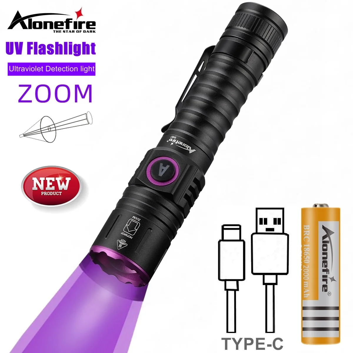 Linterna táctica UV LED zoom 395nm – Alta potencia luz ultravioleta - imagen 2
